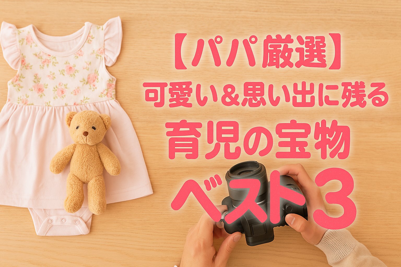 可愛いベビー服とぬいぐるみ、パパが撮影している様子を写した思い出の育児グッズイメージ